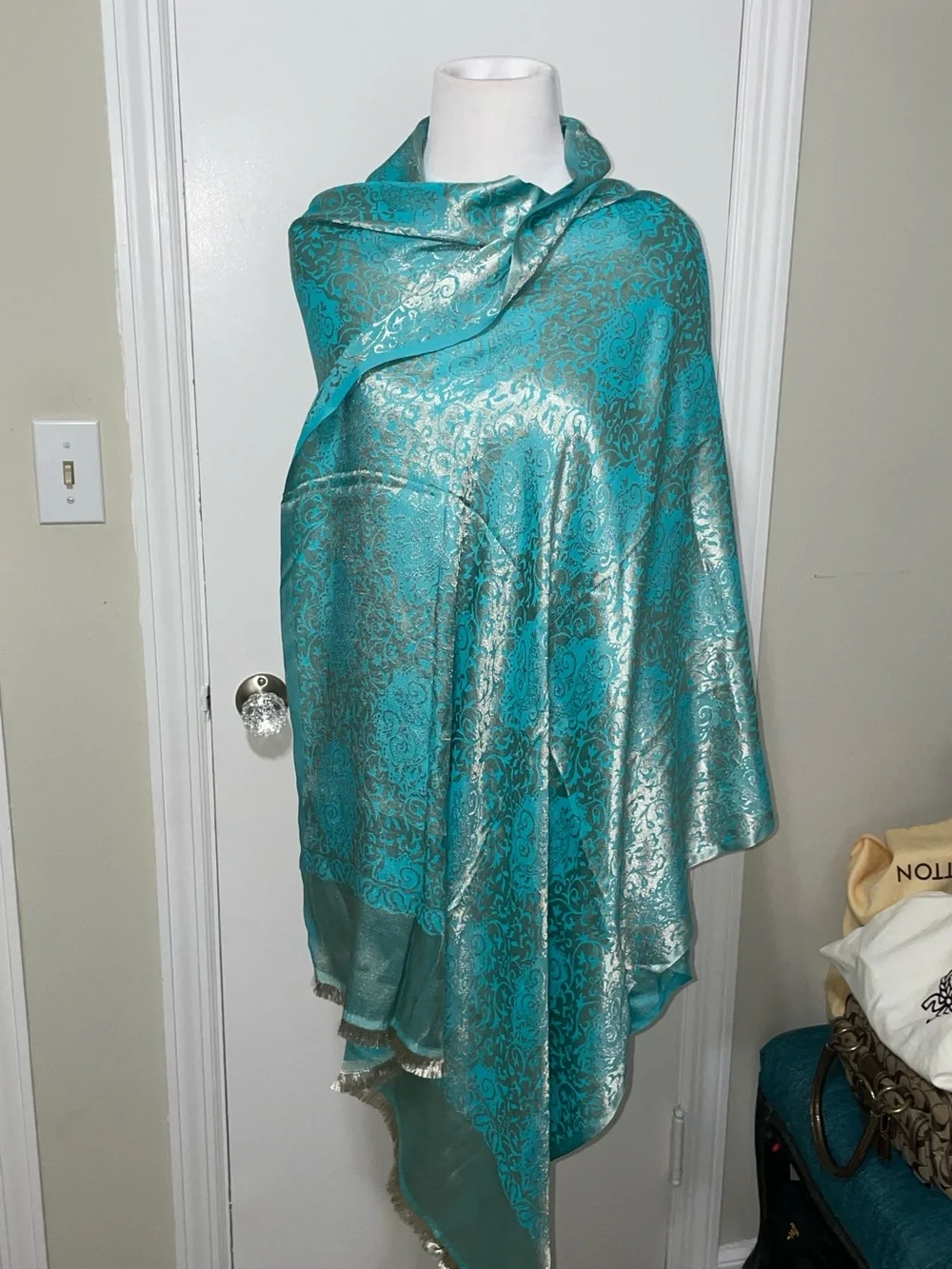Teal and Silver Brocade Shawl
